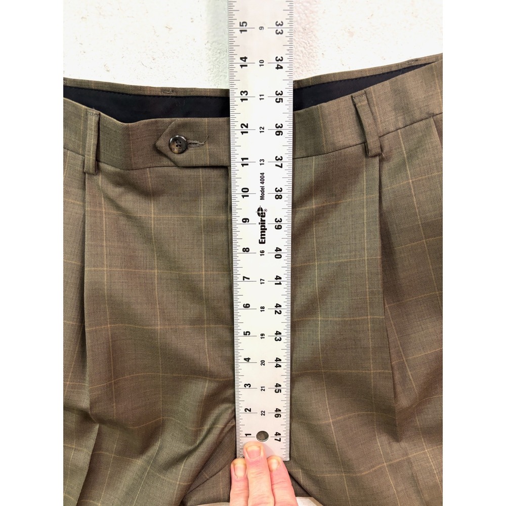 Jos A Bank 38x29 Brown Windowpane Suit Pants 100% Wool Pleated Trousers Cuffed - Picture 3 of 9